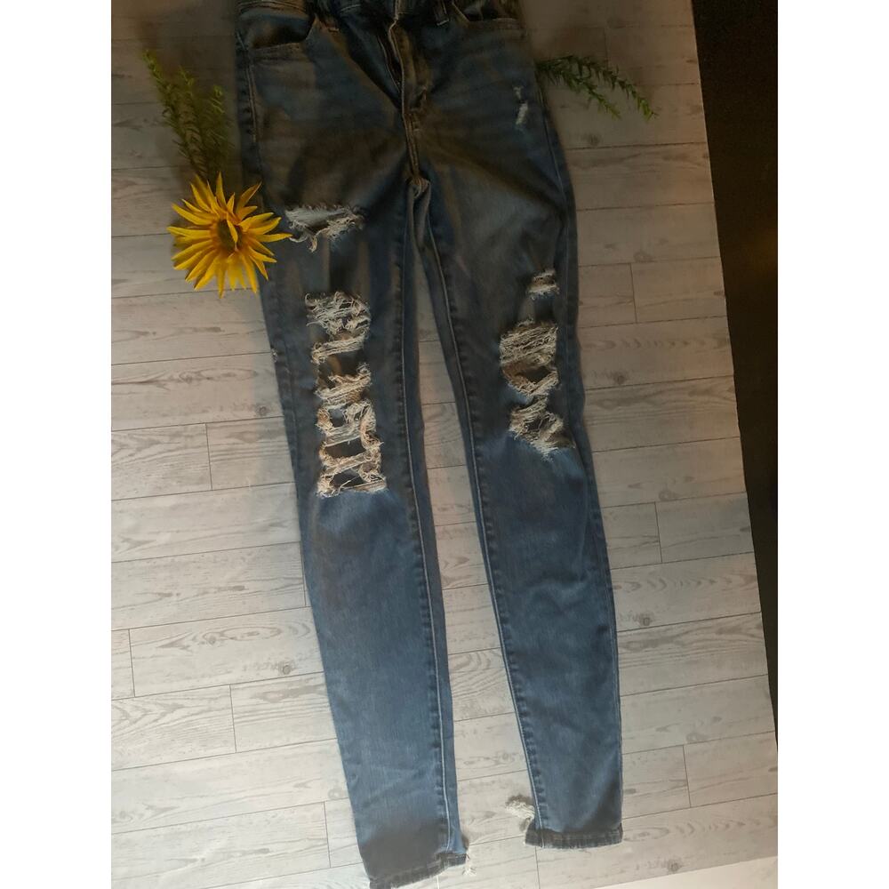 “American Eagle Ne(x)t Level Stretch Distressed Skinny Jeans Raw Hem - Size 0 - Picture 1 of 7